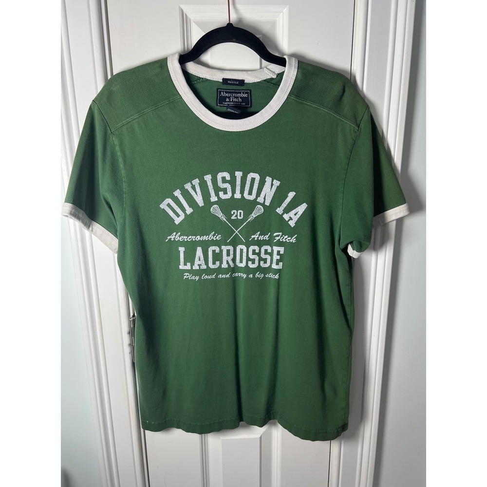 Vintage Abercrombie & Fitch Lacrosse Ringer T-Shirt Green Muscle Fit Large 90s